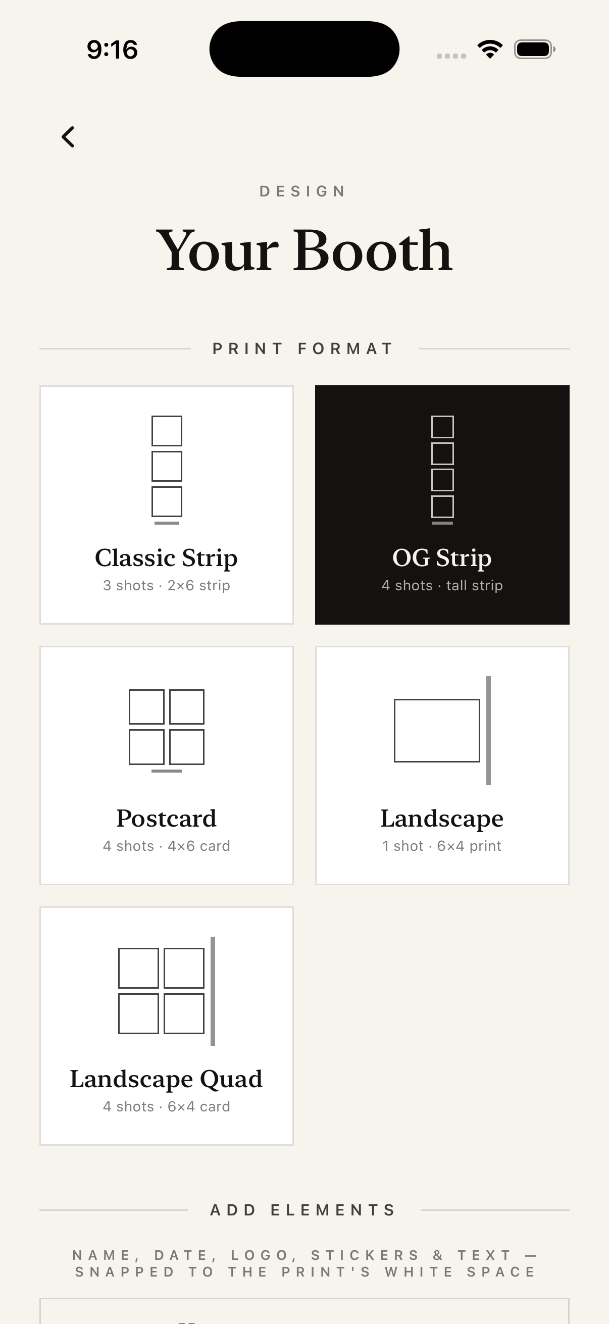 Print format choices in the Booth app.