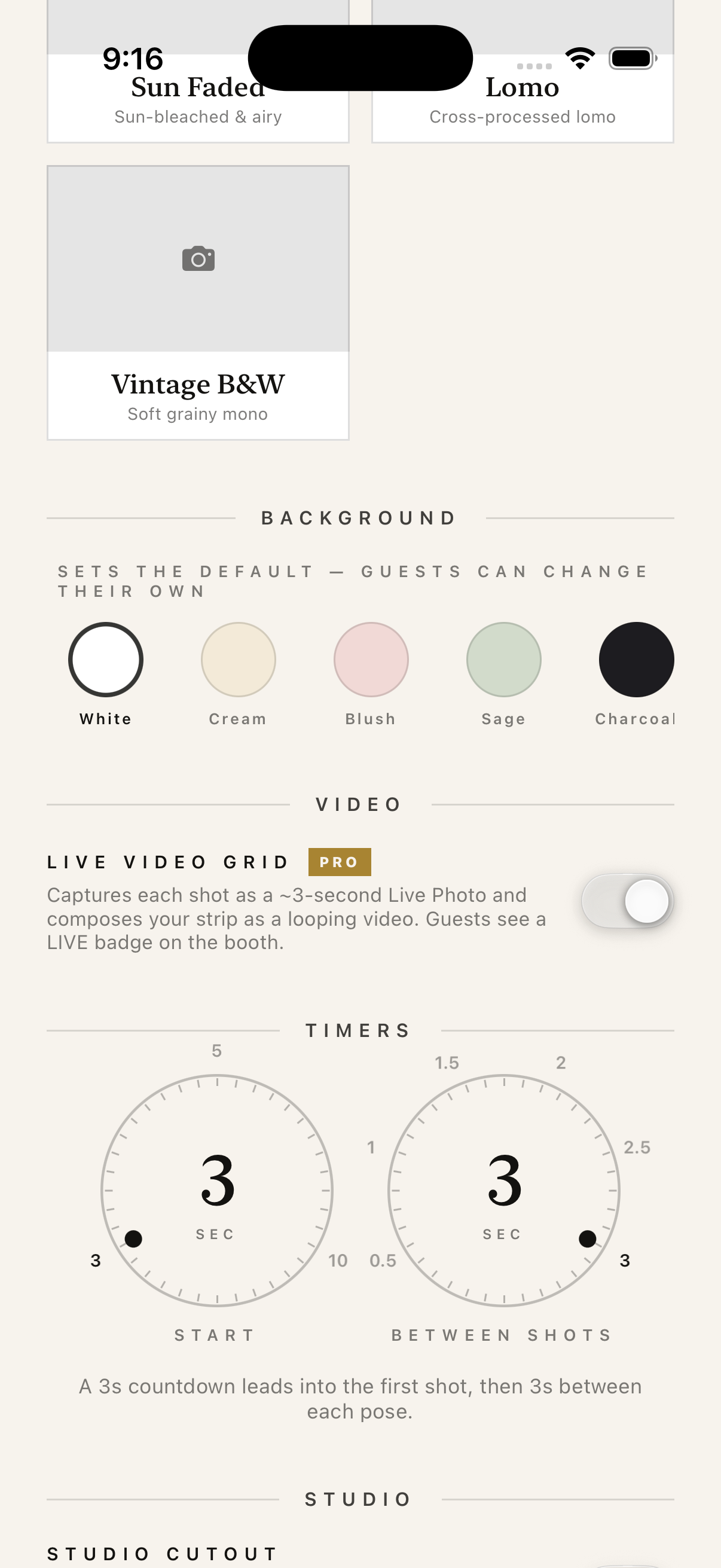 The Live Video Grid toggle and timer dials.