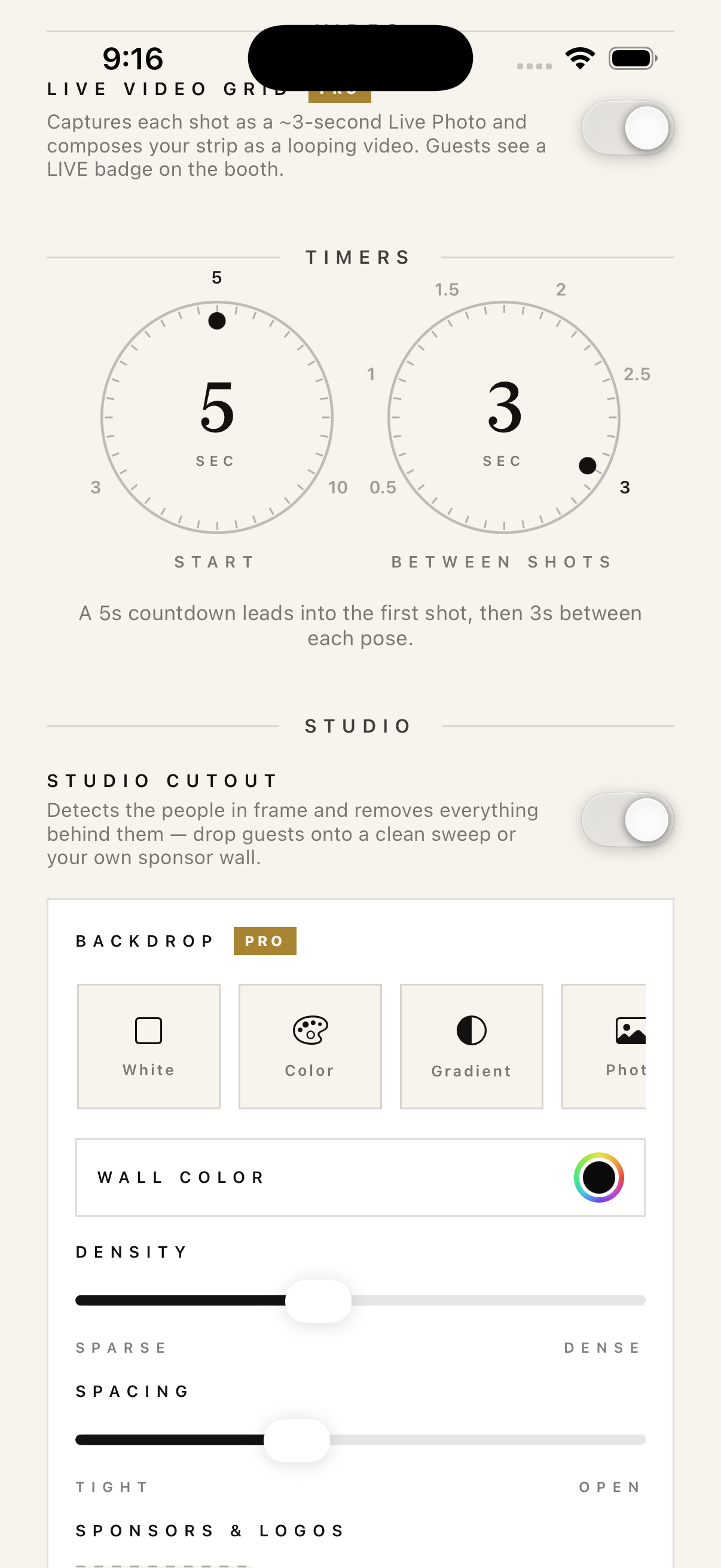 Studio cutout backdrop settings.