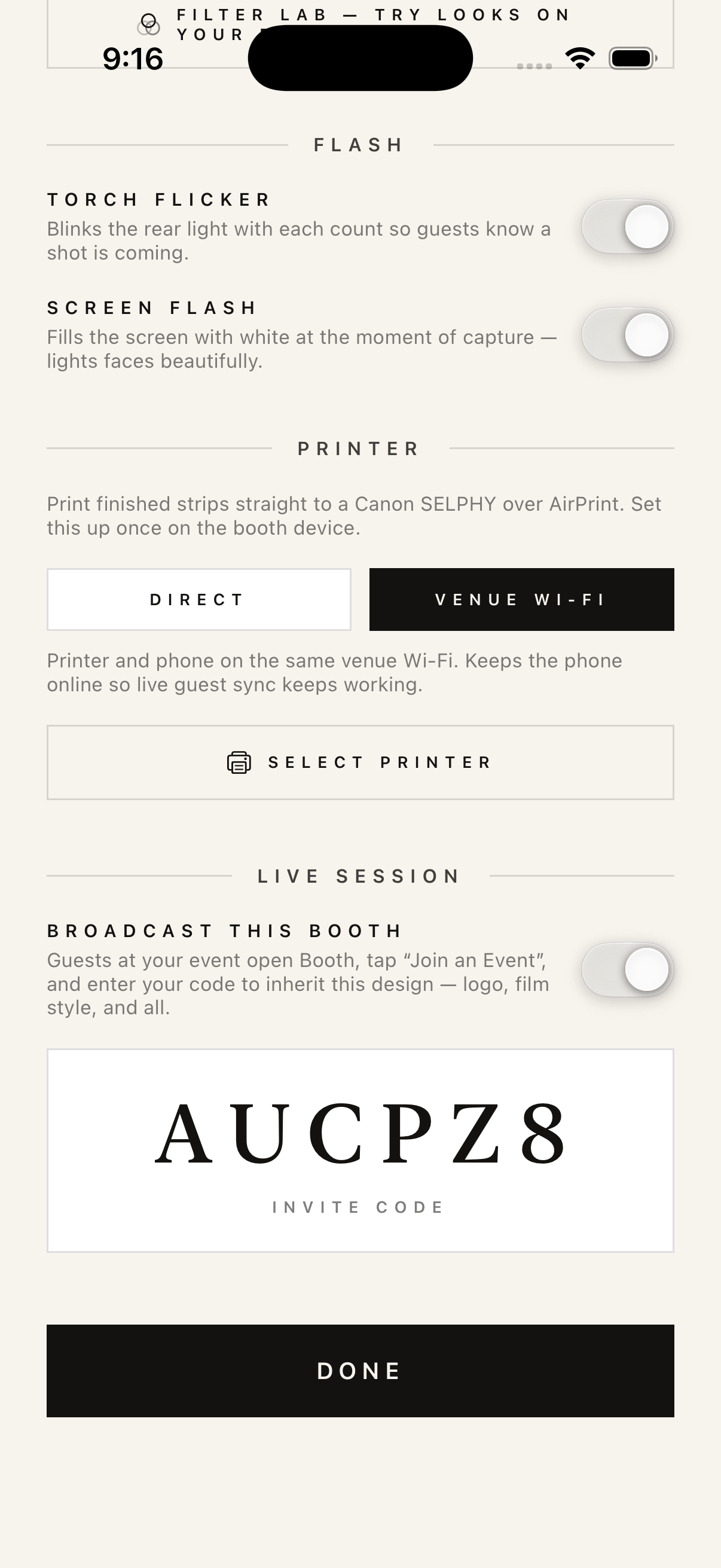 Printer and live session settings.